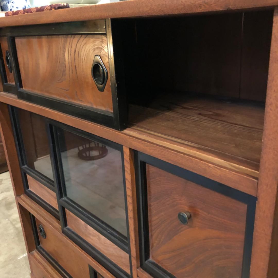 昭和アンティーク　茶棚　飾り棚　木製引き出し　ガラス戸付き　収納棚　茶箪笥　棚