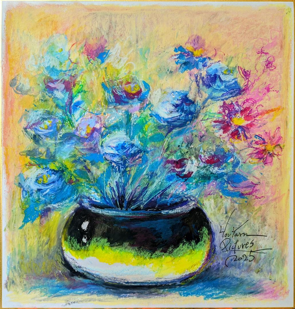 【色紙1点物】「可憐に彩る青い花」■東京藝大卒■松崎祐哉■クレヨン真作・肉筆画