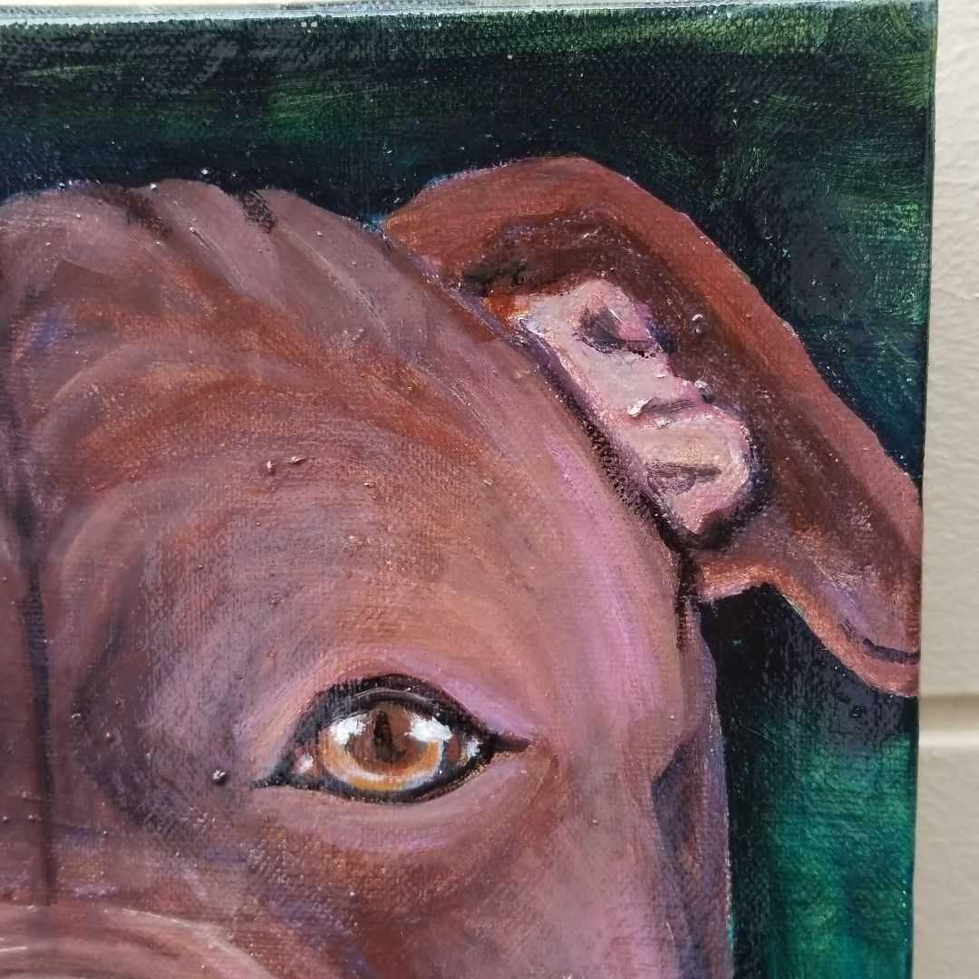 油絵　専用　窓からパパを見送る犬