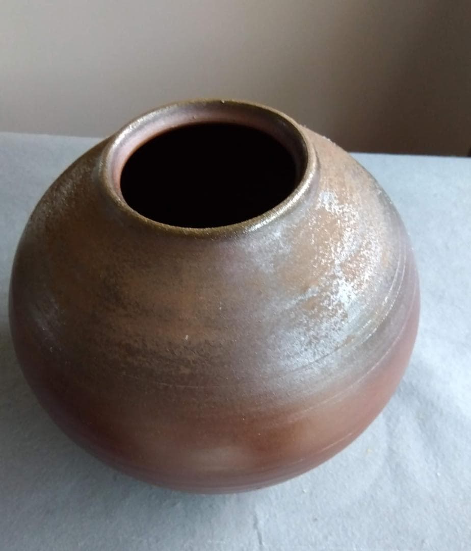 備前焼名工　幸崎達彦　落雁窯　還元焼成自然灰釉美逸品丸壺花器