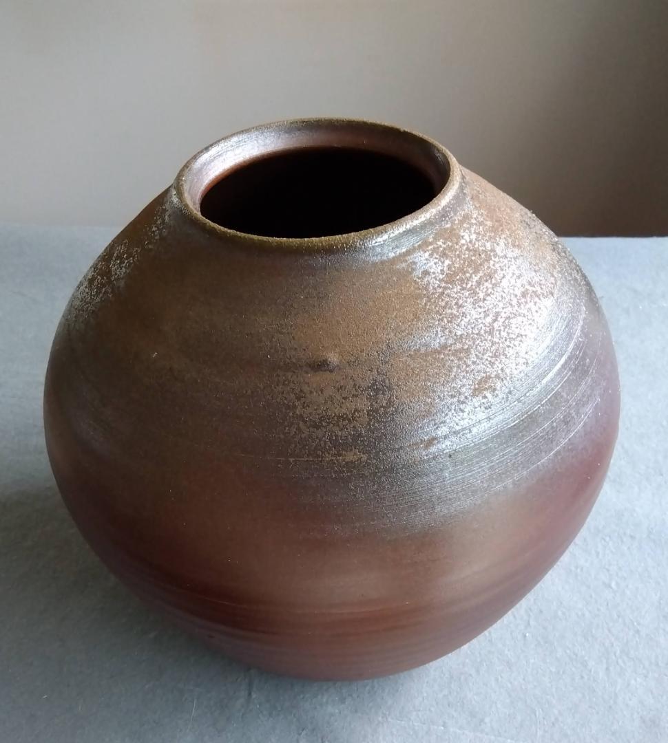 備前焼名工　幸崎達彦　落雁窯　還元焼成自然灰釉美逸品丸壺花器