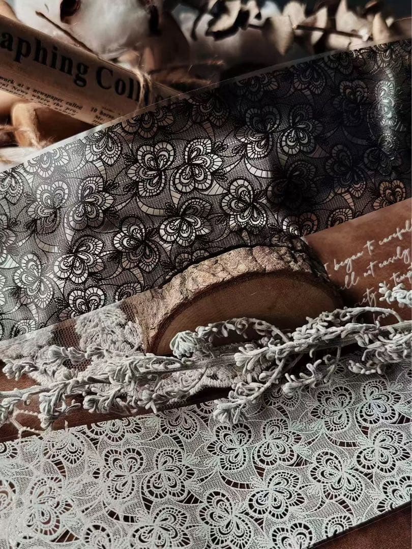 霖蓝汐原创手账《黑白蕾丝背景》海外マスキングテープ　マステ 【2648】