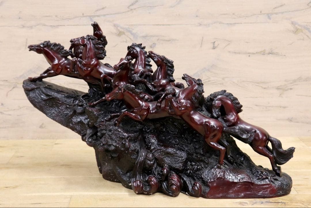 GMIH98A○九頭馬 馬の置物 縁起物 中国美術 木彫り風 樹脂製