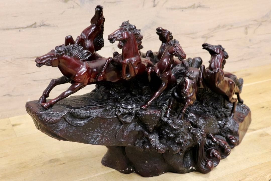 GMIH98A○九頭馬 馬の置物 縁起物 中国美術 木彫り風 樹脂製