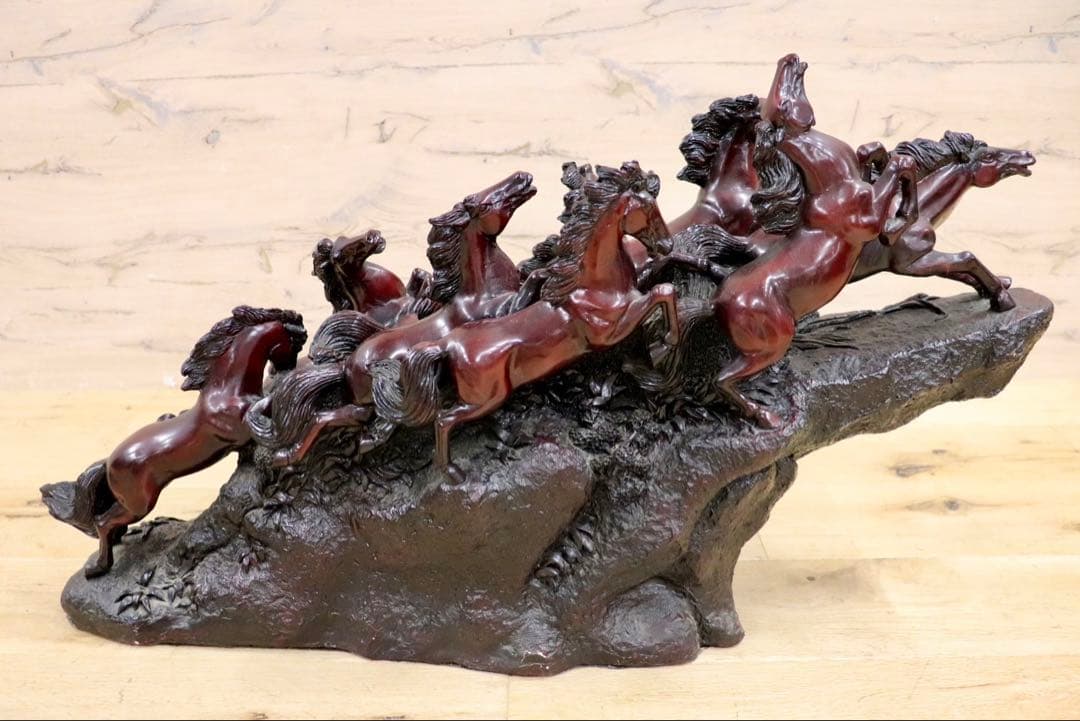 GMIH98A○九頭馬 馬の置物 縁起物 中国美術 木彫り風 樹脂製