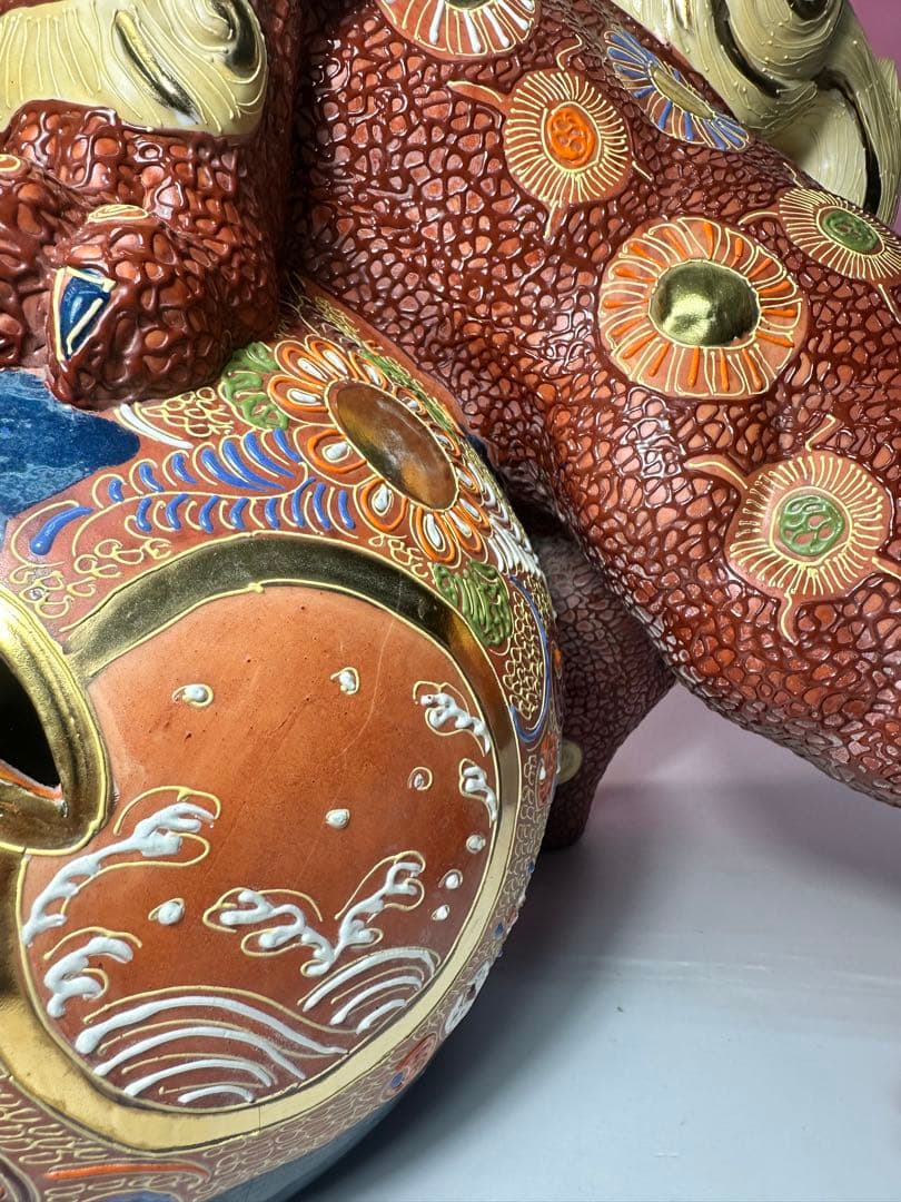 九谷焼 陶器 獅子 玉乗り シーサー 置物 縁起物 厄除け 高さ約56cm