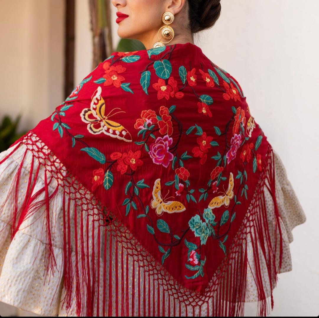 フラメンコ　刺繍シージョ レッドxマルチカラーお花＆蝶々刺繍　レッドフレコ