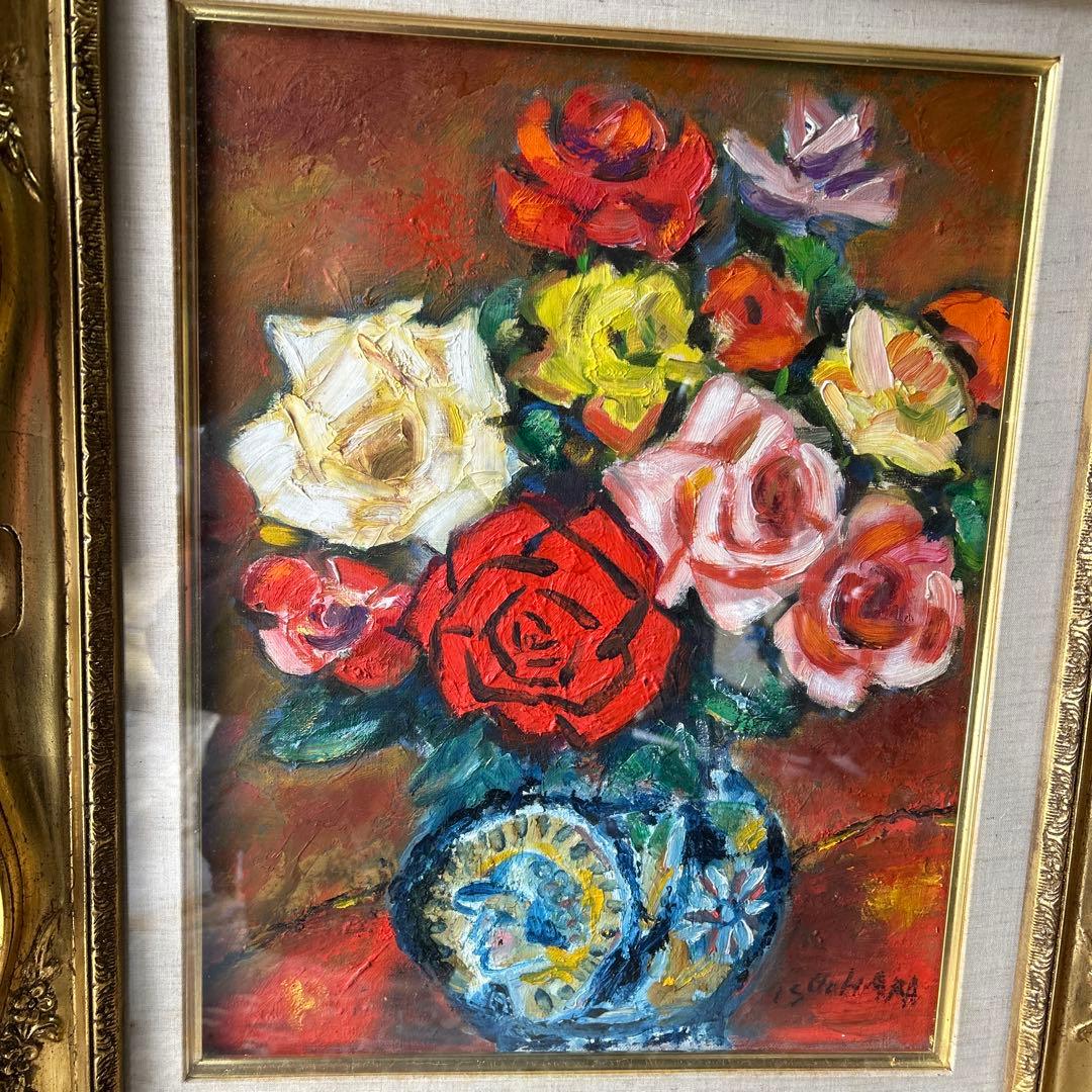 バラの花　油彩画 クラシック額付き　F6号