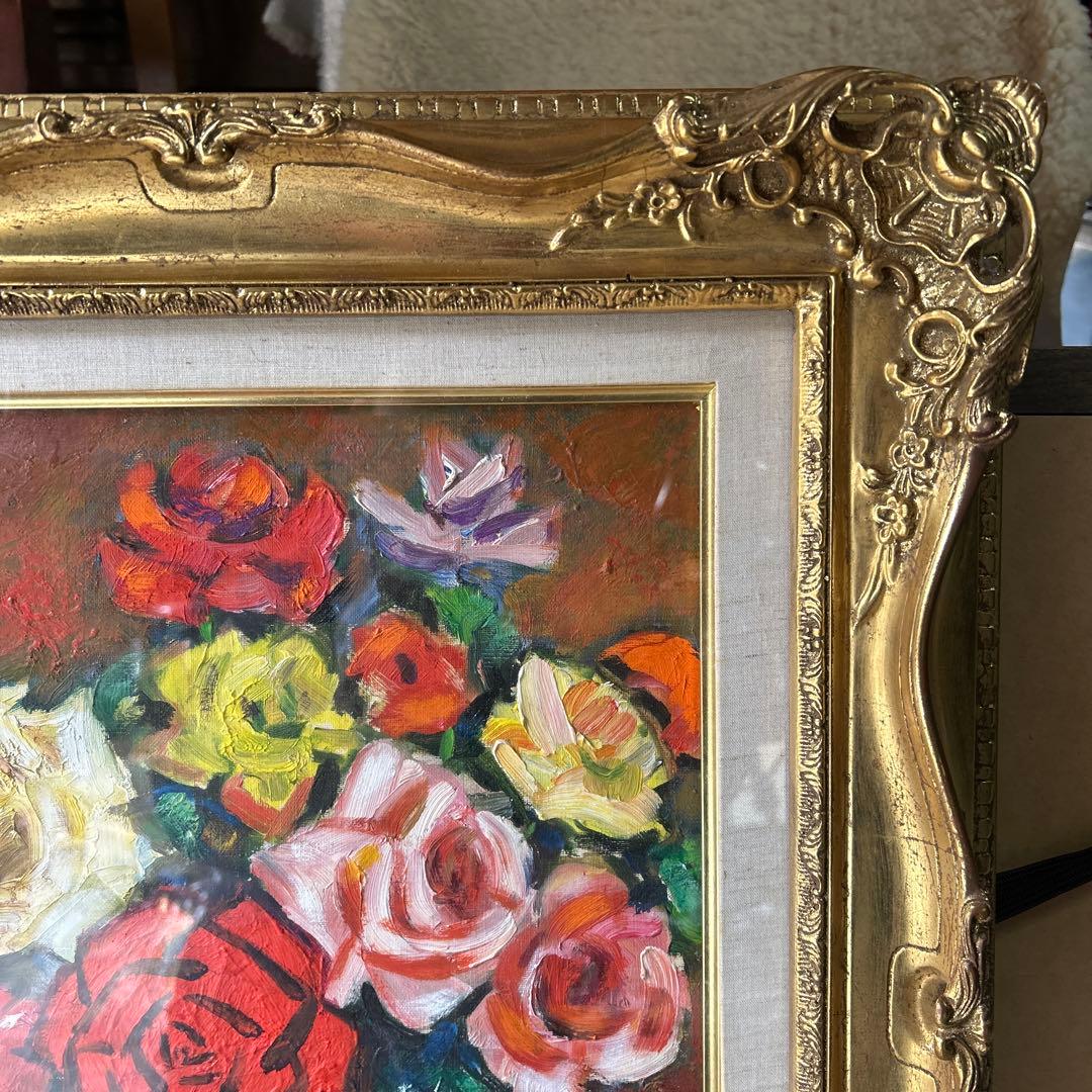 バラの花　油彩画 クラシック額付き　F6号
