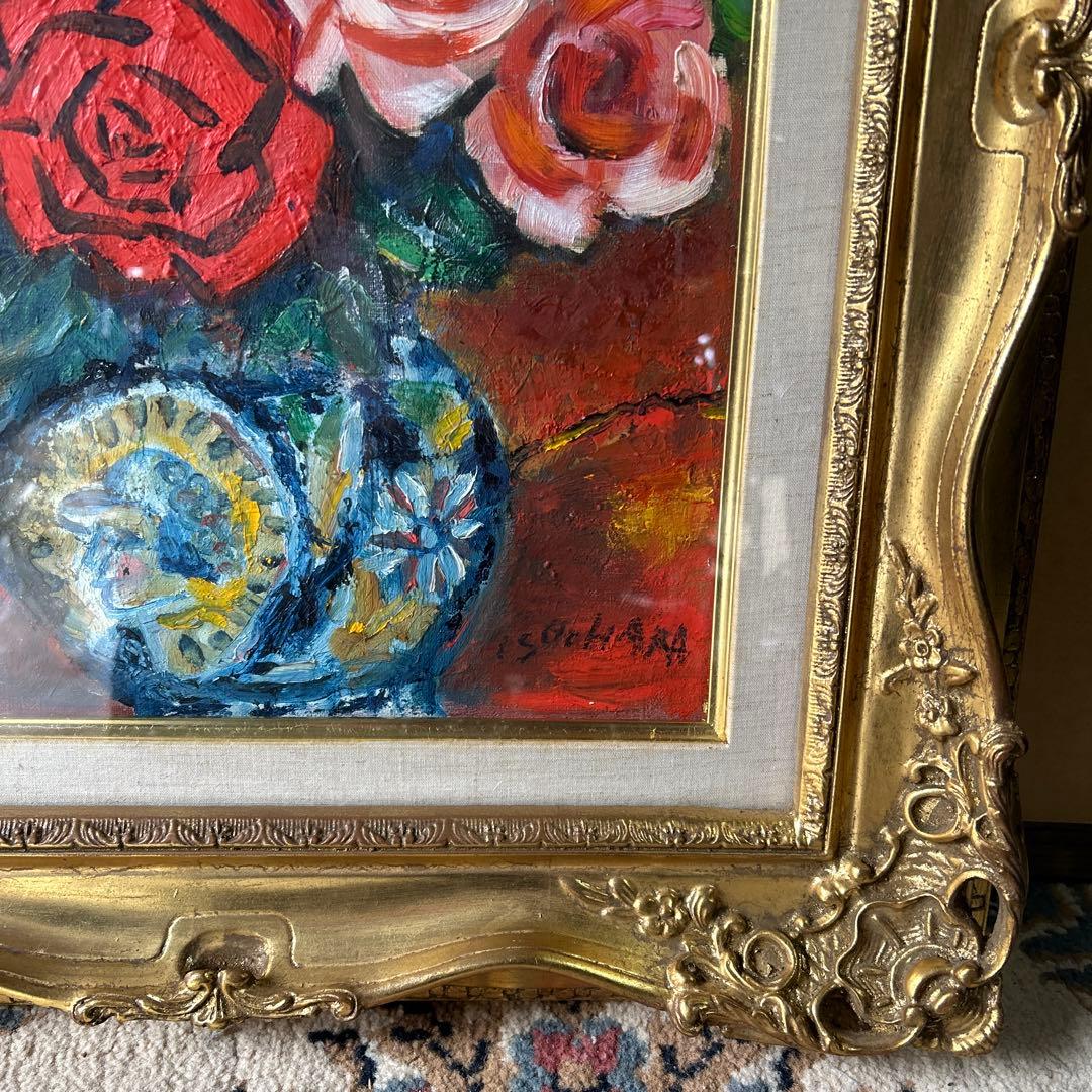 バラの花　油彩画 クラシック額付き　F6号