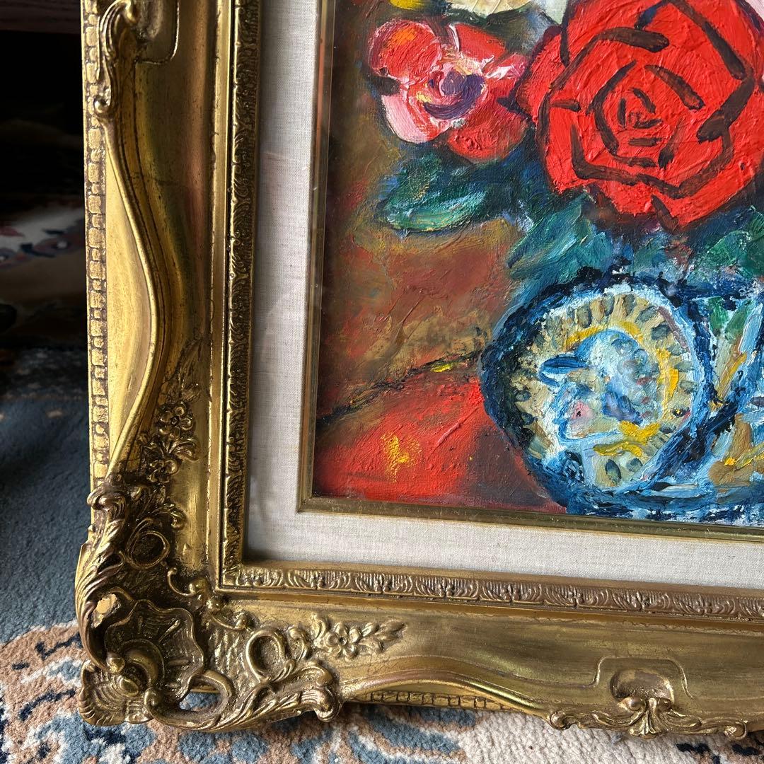 バラの花　油彩画 クラシック額付き　F6号