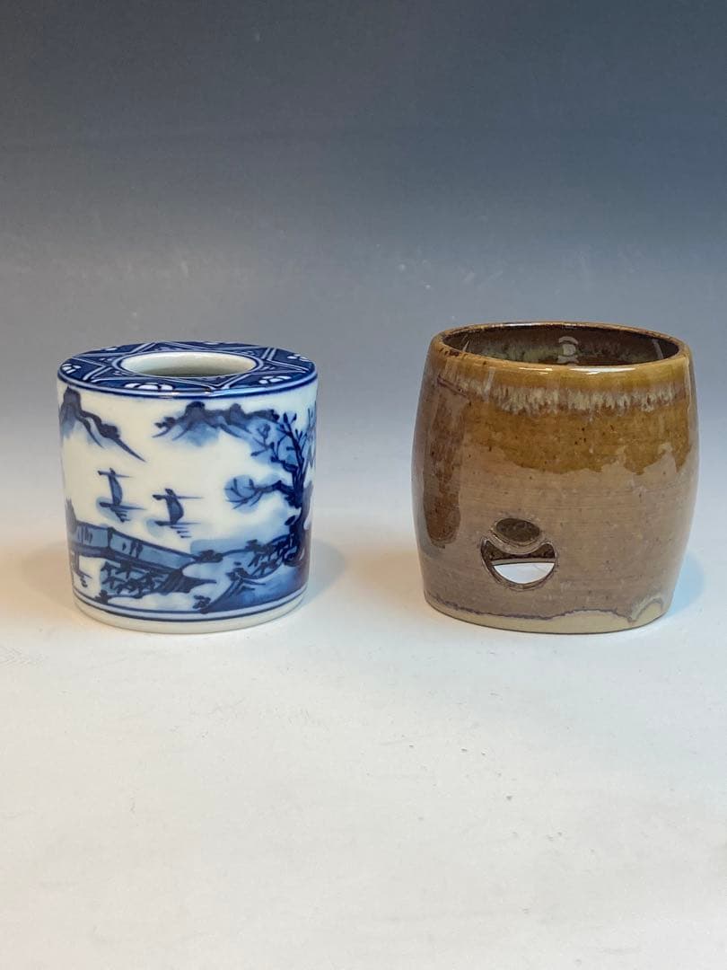 亀井味楽 作 高取つぼつぼ透蓋置 平安景雲 作 染付山水蓋置 共箱 茶道具
