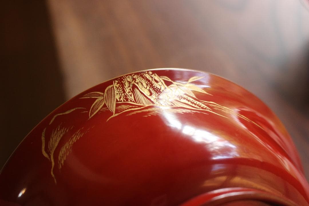 デッドストック！時代金縁朱漆に極上松竹梅沈金の映える大椀2点（検輪島塗雑煮椀