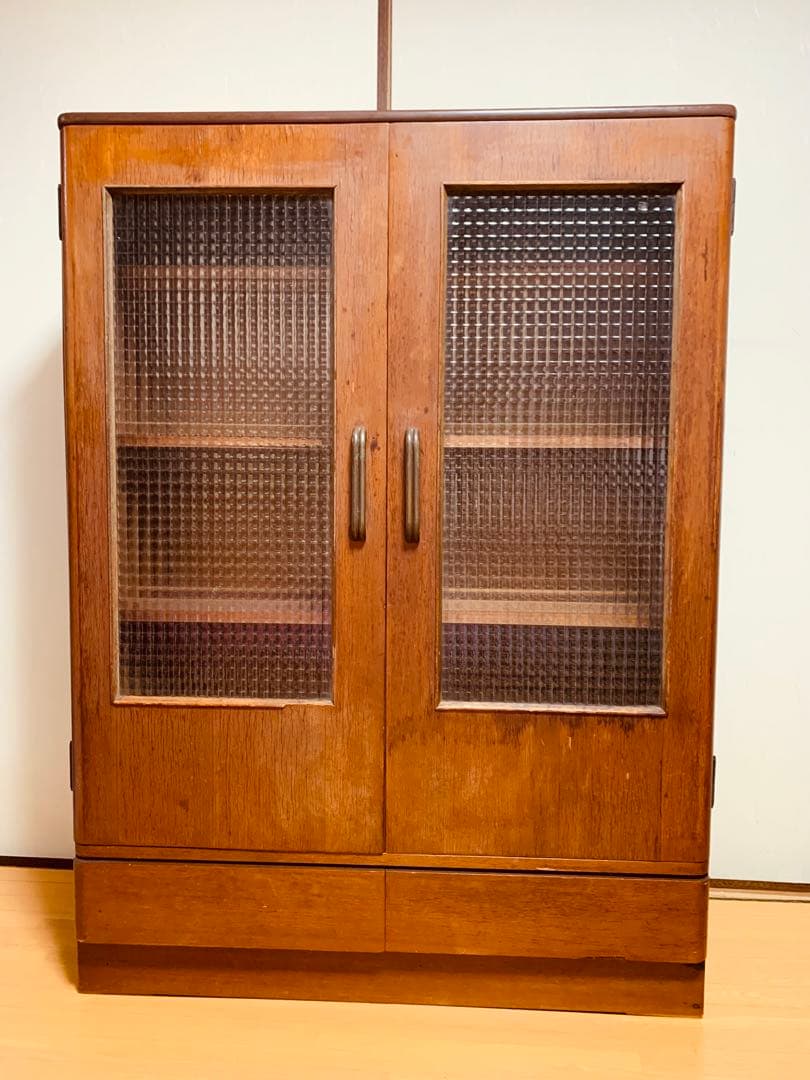 昭和 レトロ アンティーク チェッカーガラス キャビネット 本棚