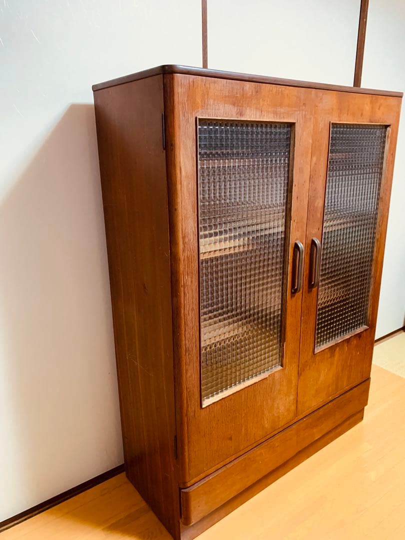 昭和 レトロ アンティーク チェッカーガラス キャビネット 本棚