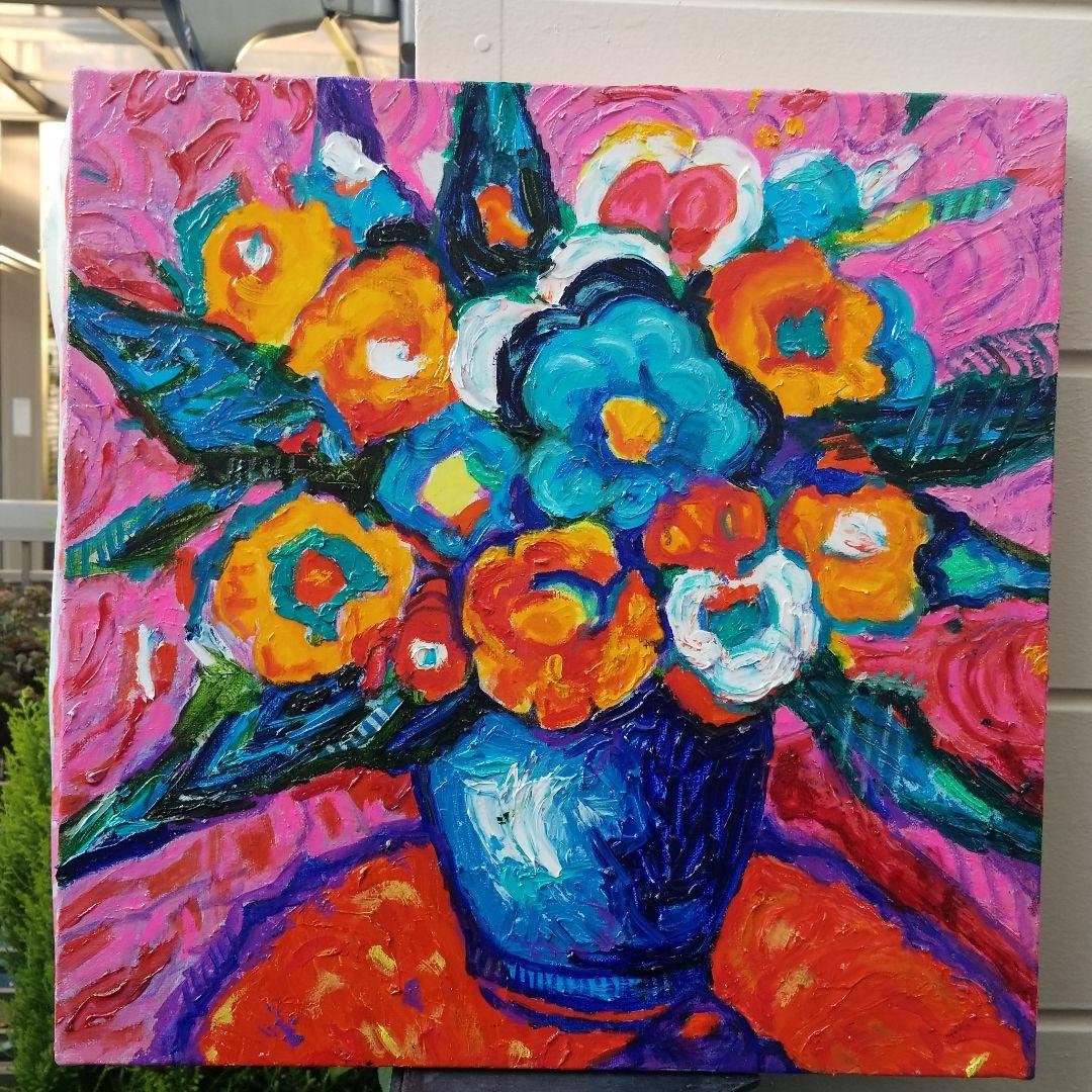 油絵　専用　赤いテーブルに置いた花瓶 　 抽象画