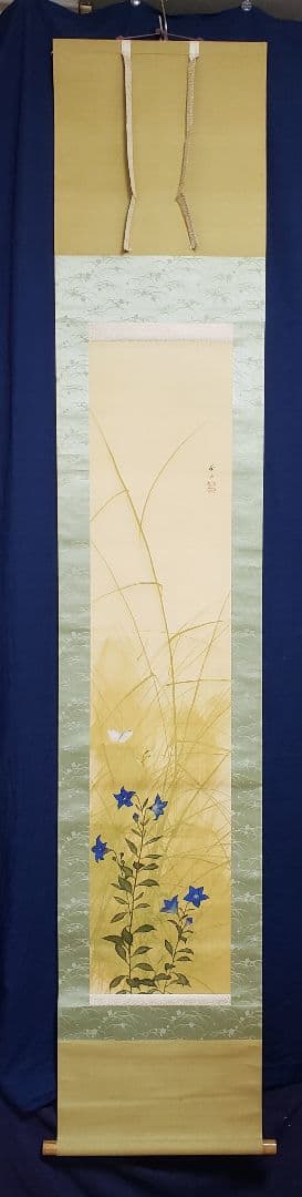 【桔梗に蝶図】榊原苔山 2556 キキョウにチョウ　掛け軸　肉筆