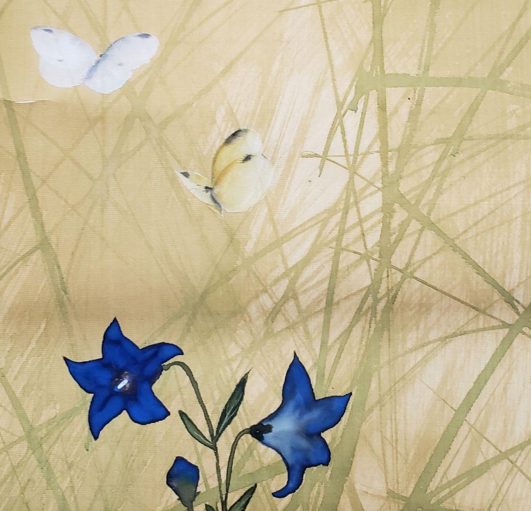 【桔梗に蝶図】榊原苔山 2556 キキョウにチョウ　掛け軸　肉筆