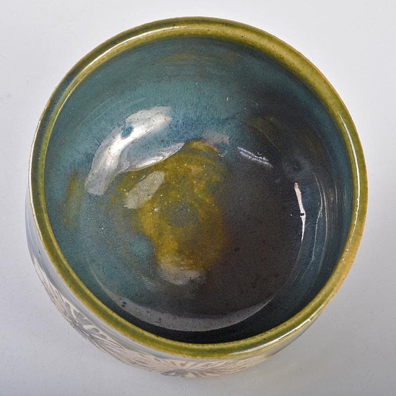 北大路魯山人作　青織部　菊文　茶碗　共布　黒田陶々庵極め箱　M　R7524