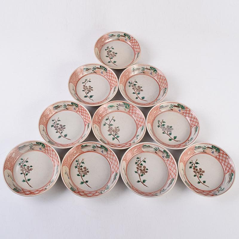 萬古焼　陶華園造　色絵　窓絵　山水人物花文　小皿　十客　共箱　M　R8897