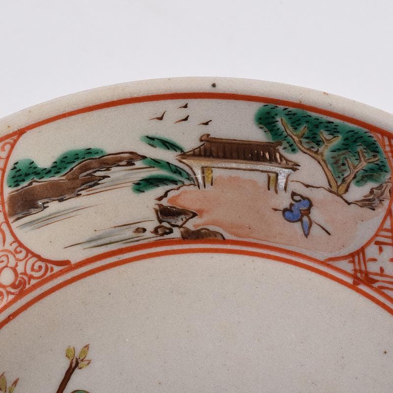萬古焼　陶華園造　色絵　窓絵　山水人物花文　小皿　十客　共箱　M　R8897