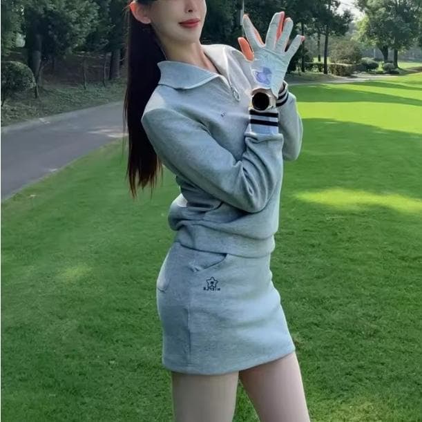●●グレー・ゴルフセットアップ●●ハーフジップトップス・インパン付きスカート
