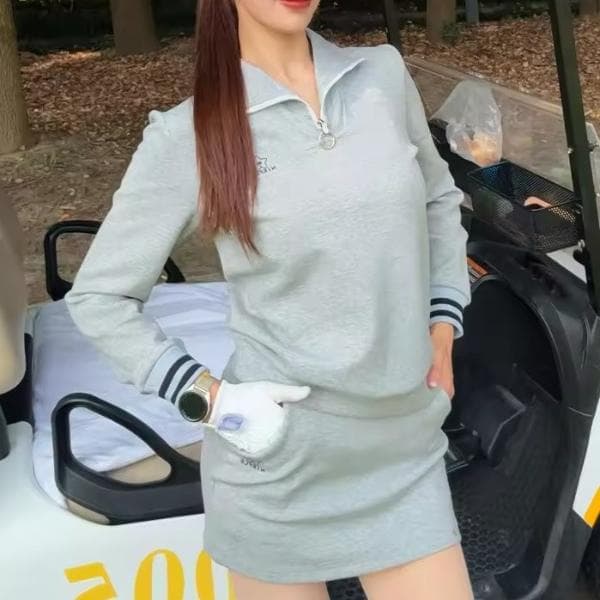 ●●グレー・ゴルフセットアップ●●ハーフジップトップス・インパン付きスカート