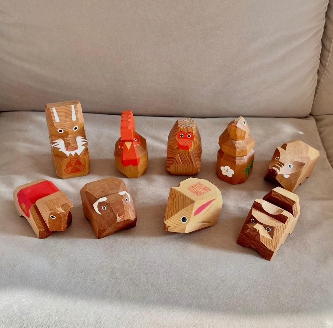 【貴重】出羽三山神社 一刀彫 干支人形 9体セット