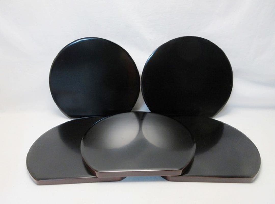 ほぼ未使用 懐石道具 輪島塗 木製 溜塗 半月膳 五枚揃 宴会盆 銘々盆 共箱