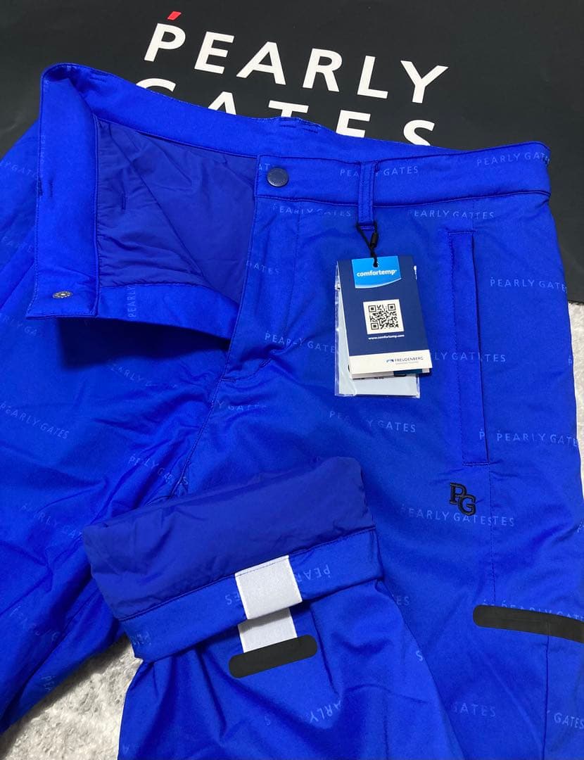 新品 パーリーゲイツ ナイロンストレッチロゴジャガード パンツ(5)サイズL/青