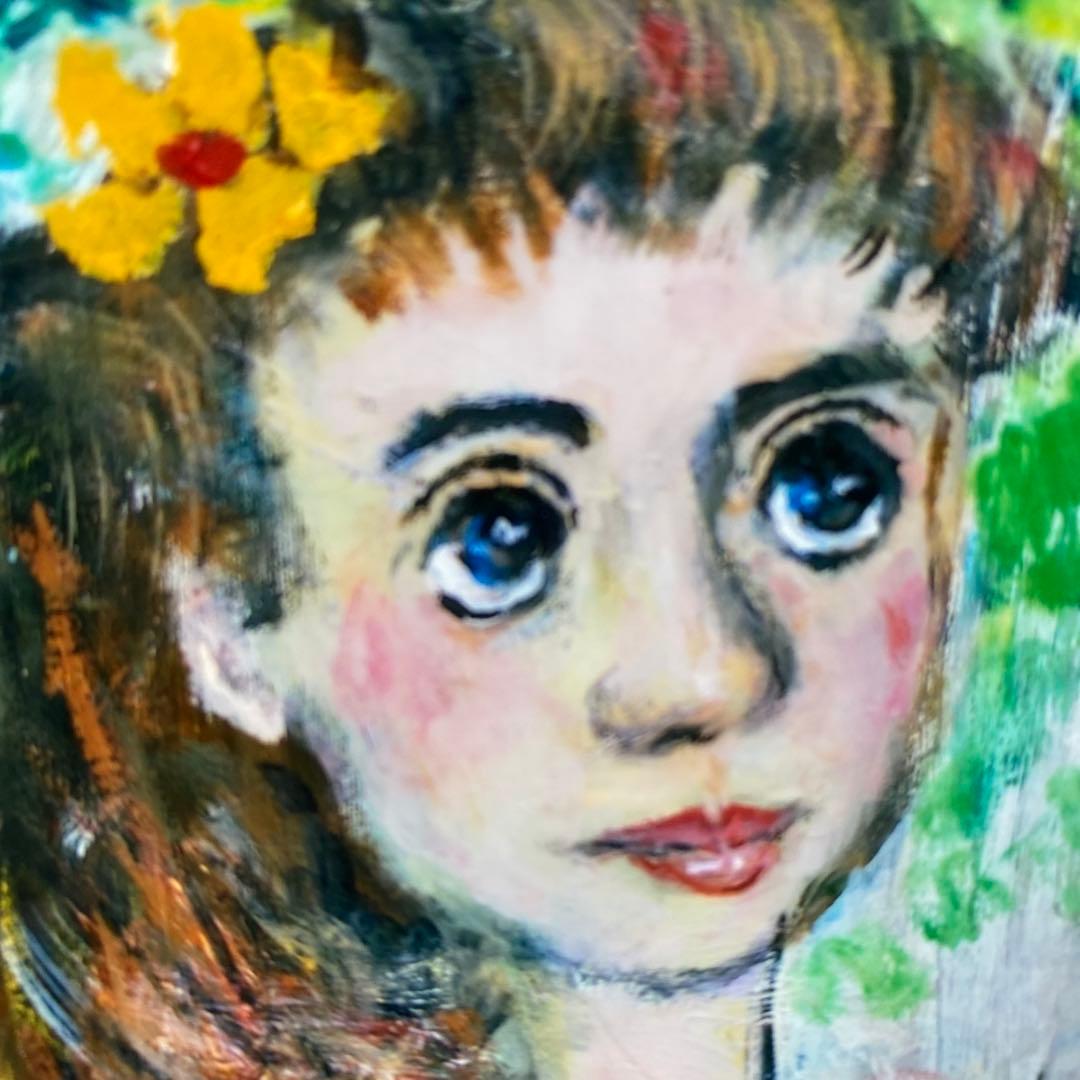 絵画　油絵　油彩画　菊地正則　F3号　「花リボンの少女」原画　美品　額付き