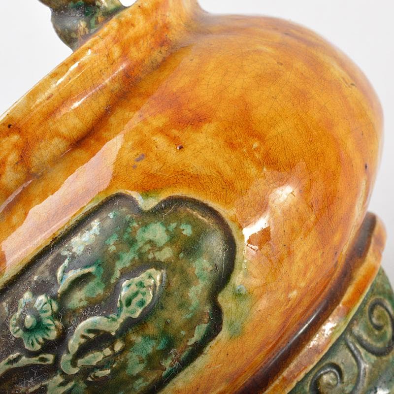 中国　三彩　花文　沖耳爐　三足香炉　時代箱　V　R7159