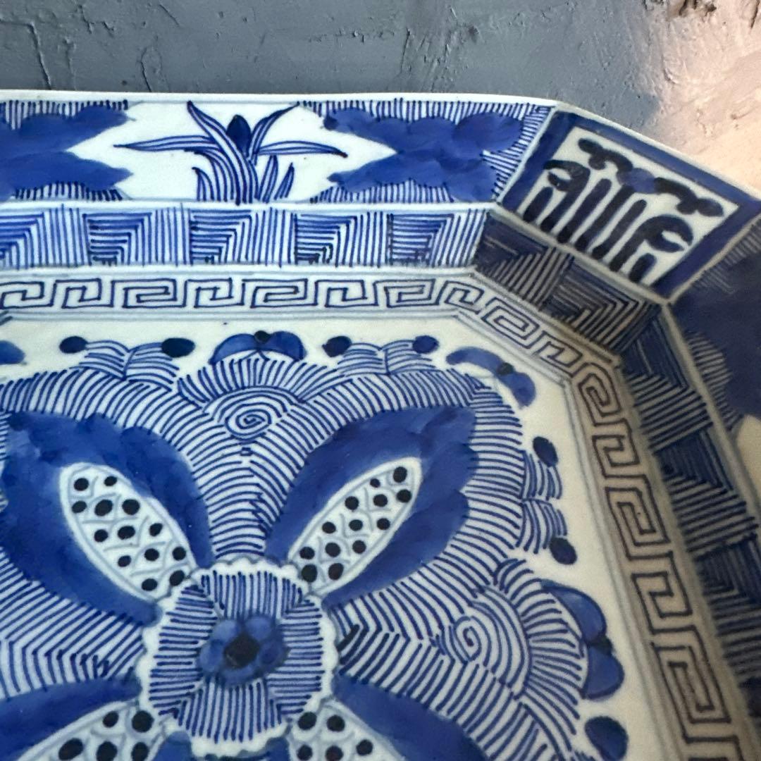 ヴィンテージ素敵すぎる青と白の八角形陶器皿