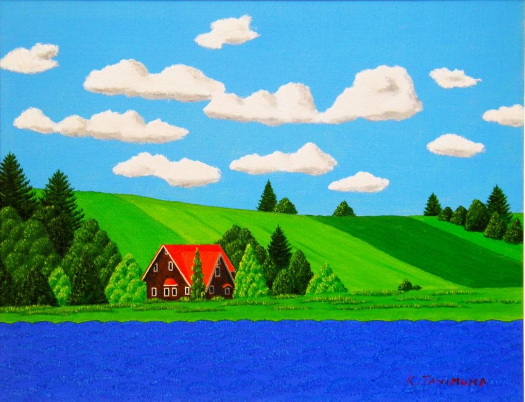 ★ラベンダー畑と赤い屋根の家・肉筆油彩画・F6キャンバス