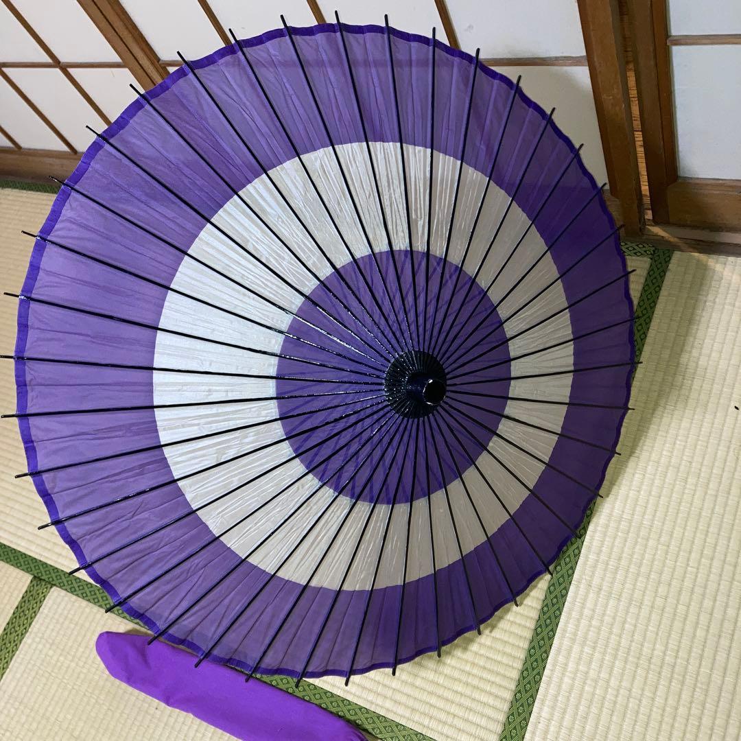美品 紫 白 絹傘 真鍮のネジ継ぎ 舞傘 日傘 日本舞踊 おどり傘 布袋付