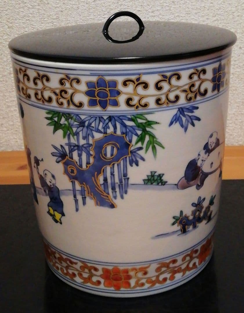膳所焼　陽炎園　染付　五彩　唐子遊　水指　共箱　共布　茶道具