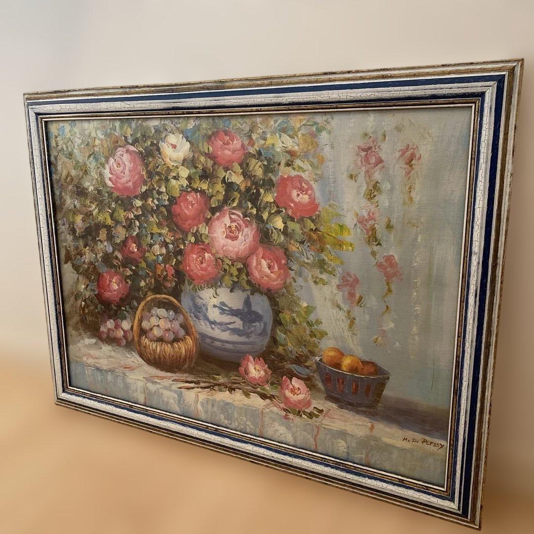 油絵 静物画 バラ 花瓶 フルーツ 60×80cm サイン入り 額縁付き