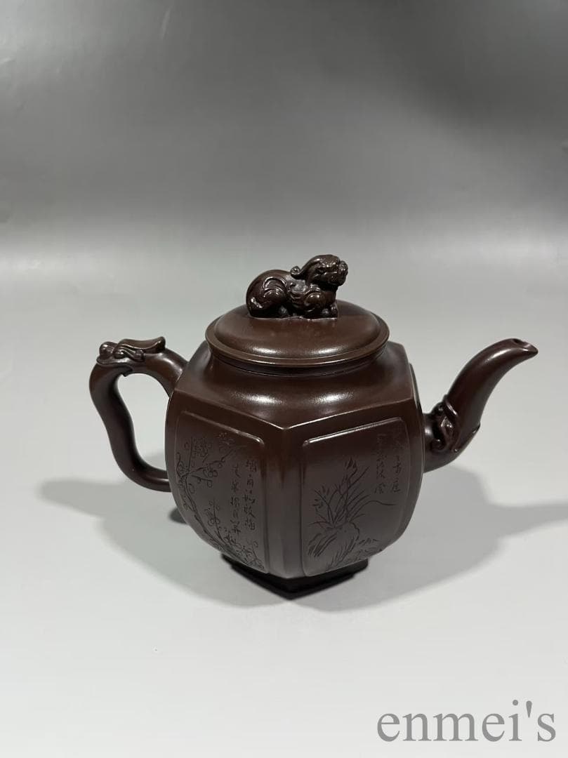 中国古美術 紫砂壺 六方壺 梅蘭竹菊刻紋 底款:徐漢棠 原鉱紫泥 茶壺 煎茶道具