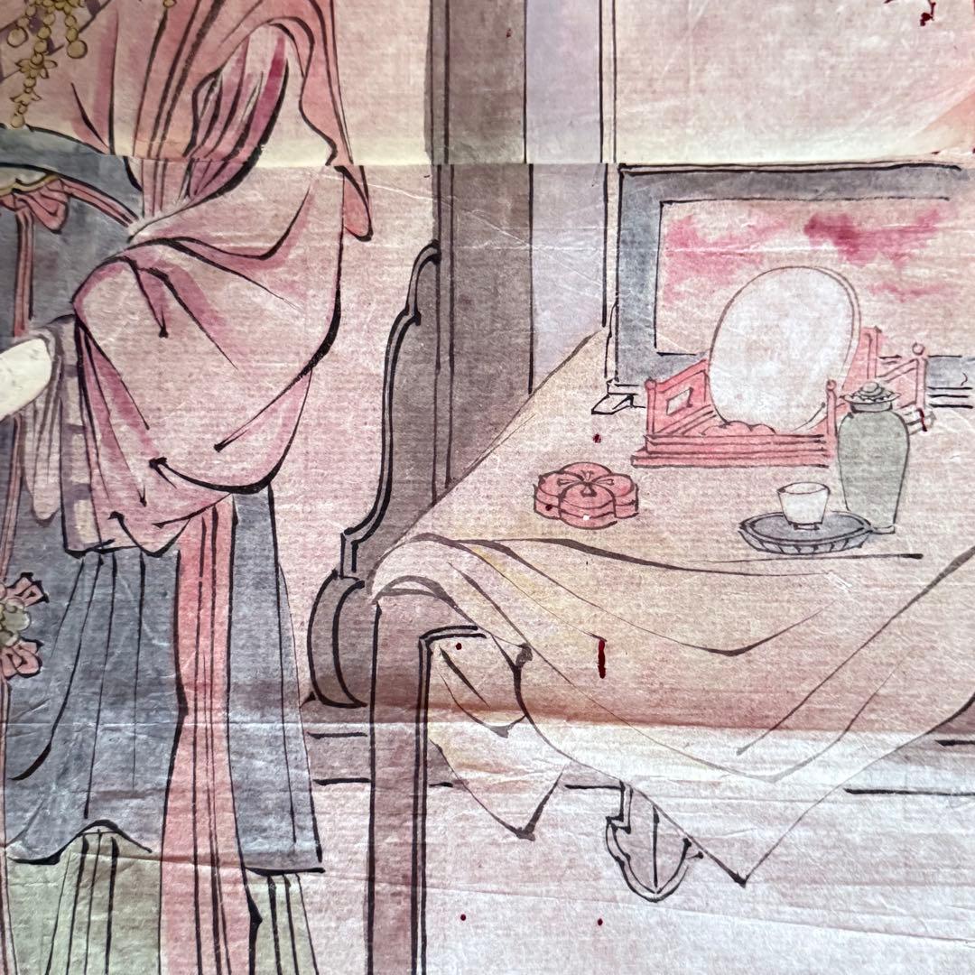 2177様感謝‼️超絶の画力‼️「団扇と二輪草を持つ麗人粉本絵手本紙本肉筆無落款一点