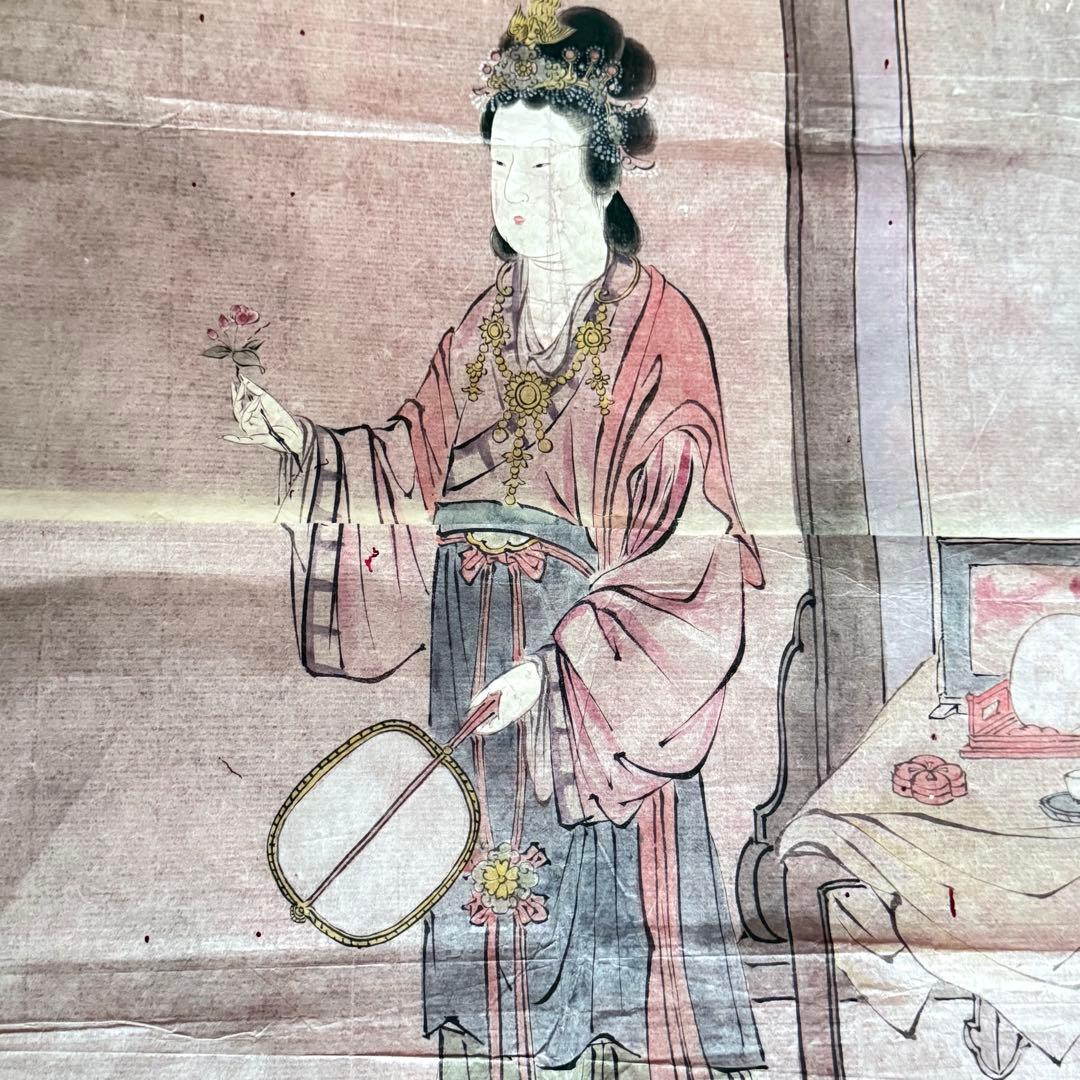 2177様感謝‼️超絶の画力‼️「団扇と二輪草を持つ麗人粉本絵手本紙本肉筆無落款一点