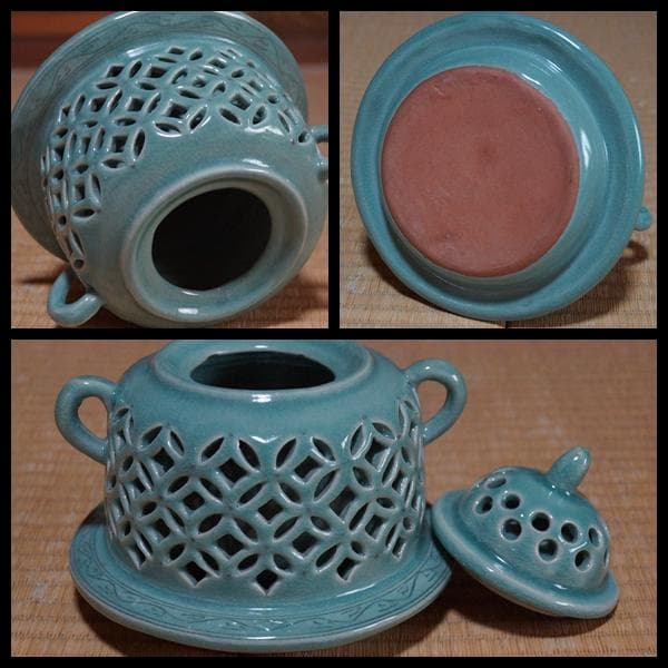 茶道具 銀光造 大型透かし七宝紋茶釜/雲鶴紋象嵌風炉セット 獣双耳 香炉飾り風炉