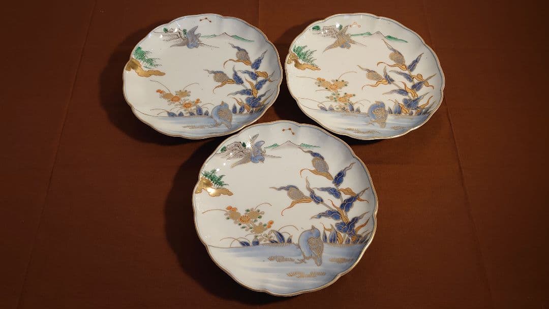 古伊万里　伊万里　色絵　金襴手　中皿　菓子皿　鳥の図　蔵出し　３客