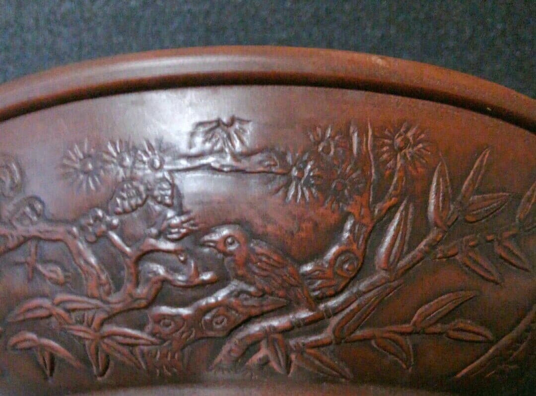 中国古陶磁器　清代　朱泥　漢詩　陽刻　浮彫　山水に花鳥図　鉢　筆洗　秀作