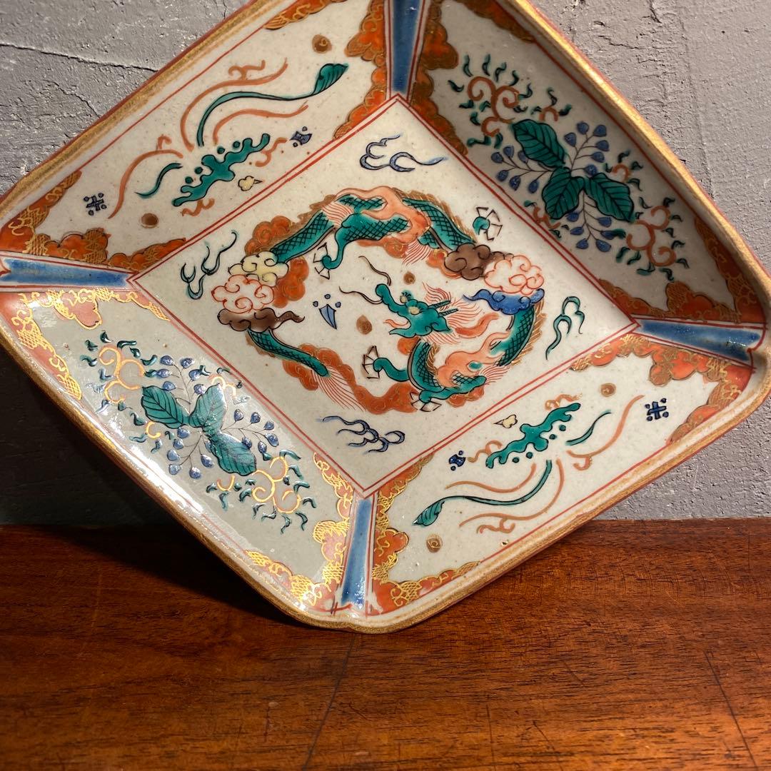 時代物 九谷焼 龍紋様 菱形皿 骨董品 古九谷 金彩 コレクション
