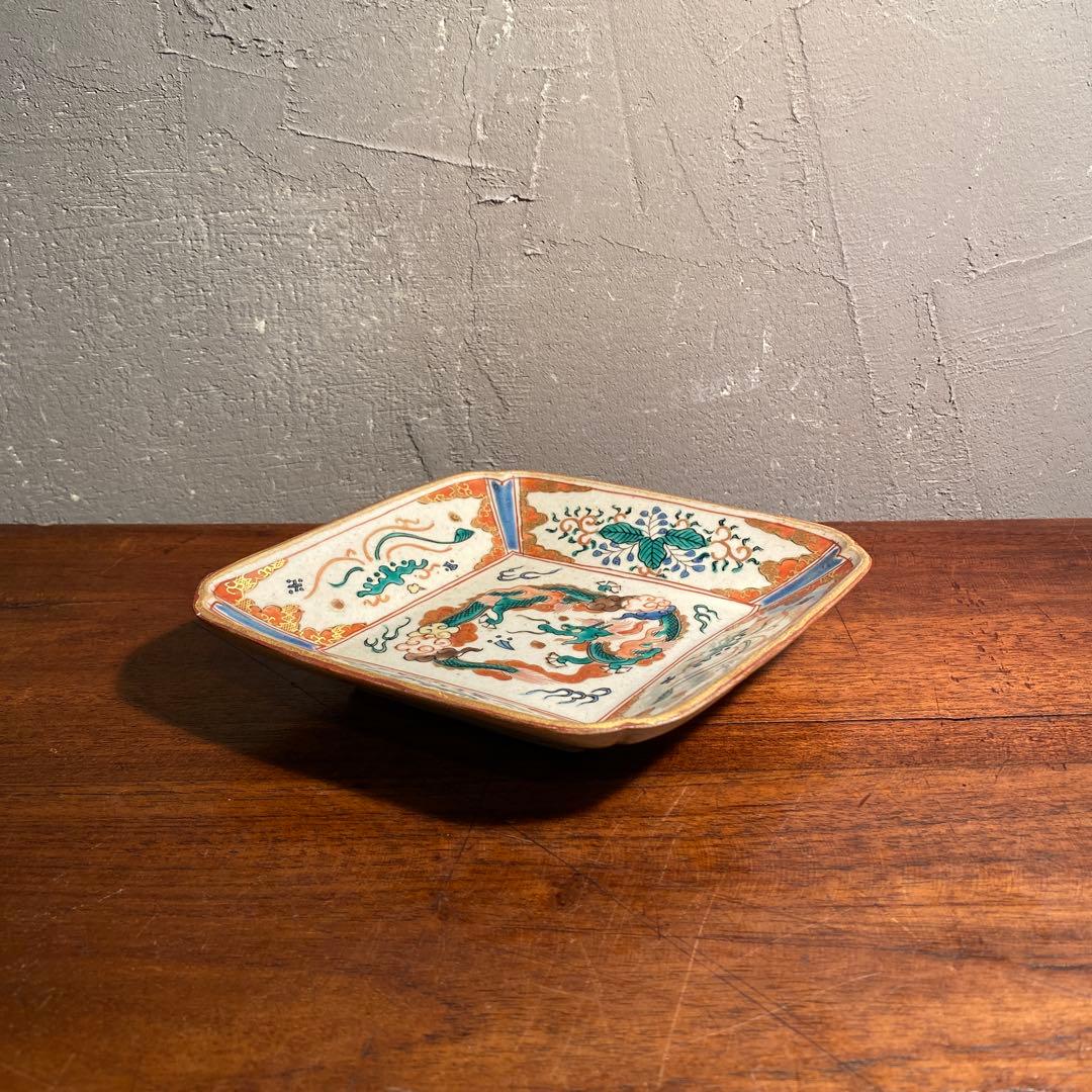 時代物 九谷焼 龍紋様 菱形皿 骨董品 古九谷 金彩 コレクション