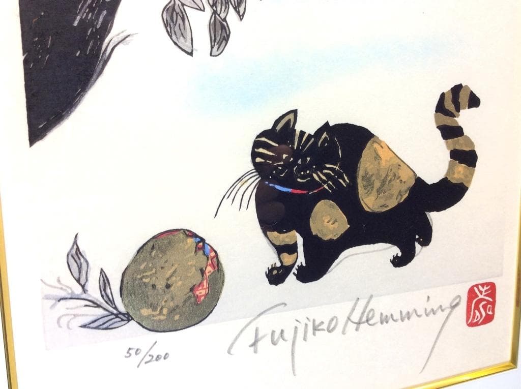 美品 フジ子・ヘミング 「猫十態 ダンゴ君」直筆サイン・限定50/200 木版画