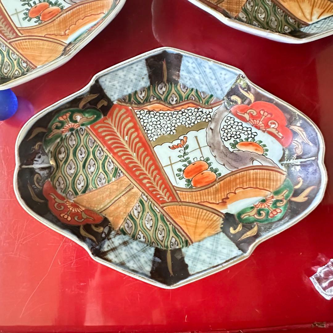 S様へ感謝お嫁入り‼️四季に麗し‼️伊万里錦手若松＆橙＆ふきよせ　兜菱形刺身皿 5客