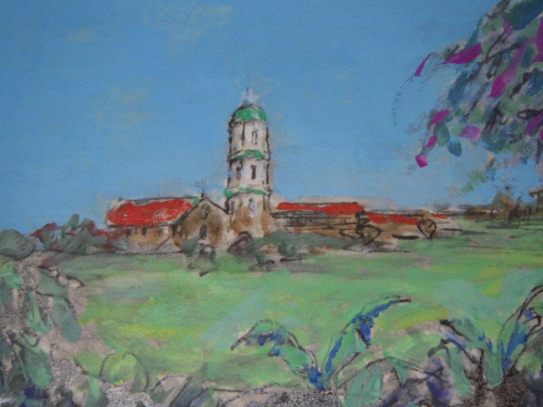 真作 希少 水彩画 肉筆 古田十郎 教会 共シール 青山学院 1983年 額装