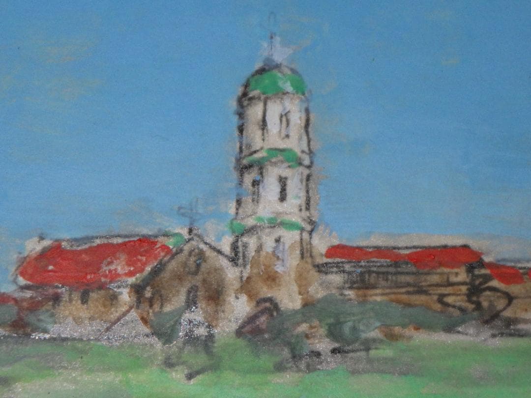 真作 希少 水彩画 肉筆 古田十郎 教会 共シール 青山学院 1983年 額装