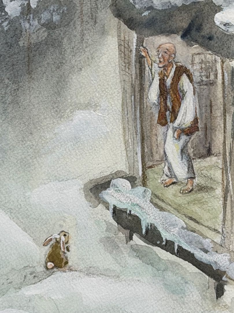 良寛画家・渡邊守峯肉筆、良寛雪景、越後五合庵の厳冬を憂える良寛歌